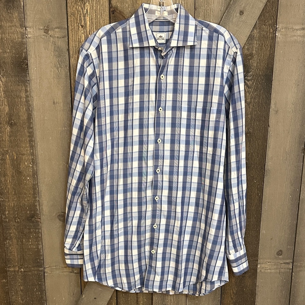 Peter Millar Mens Dress Shirt Blue Checkered Long Sleeve Button Up Cotton | Med